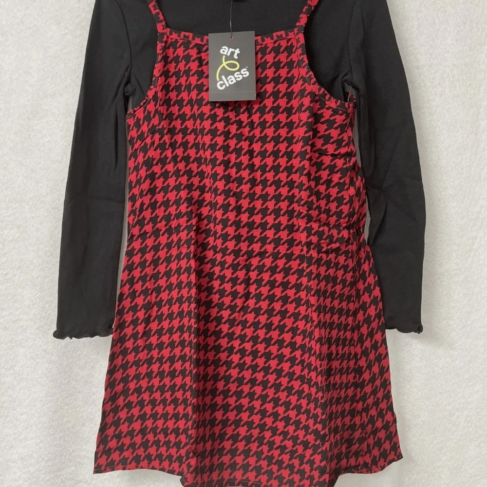 Art Class Girls' Slip Dress Size XS with Long Sleeve T-Shirt Red/Black